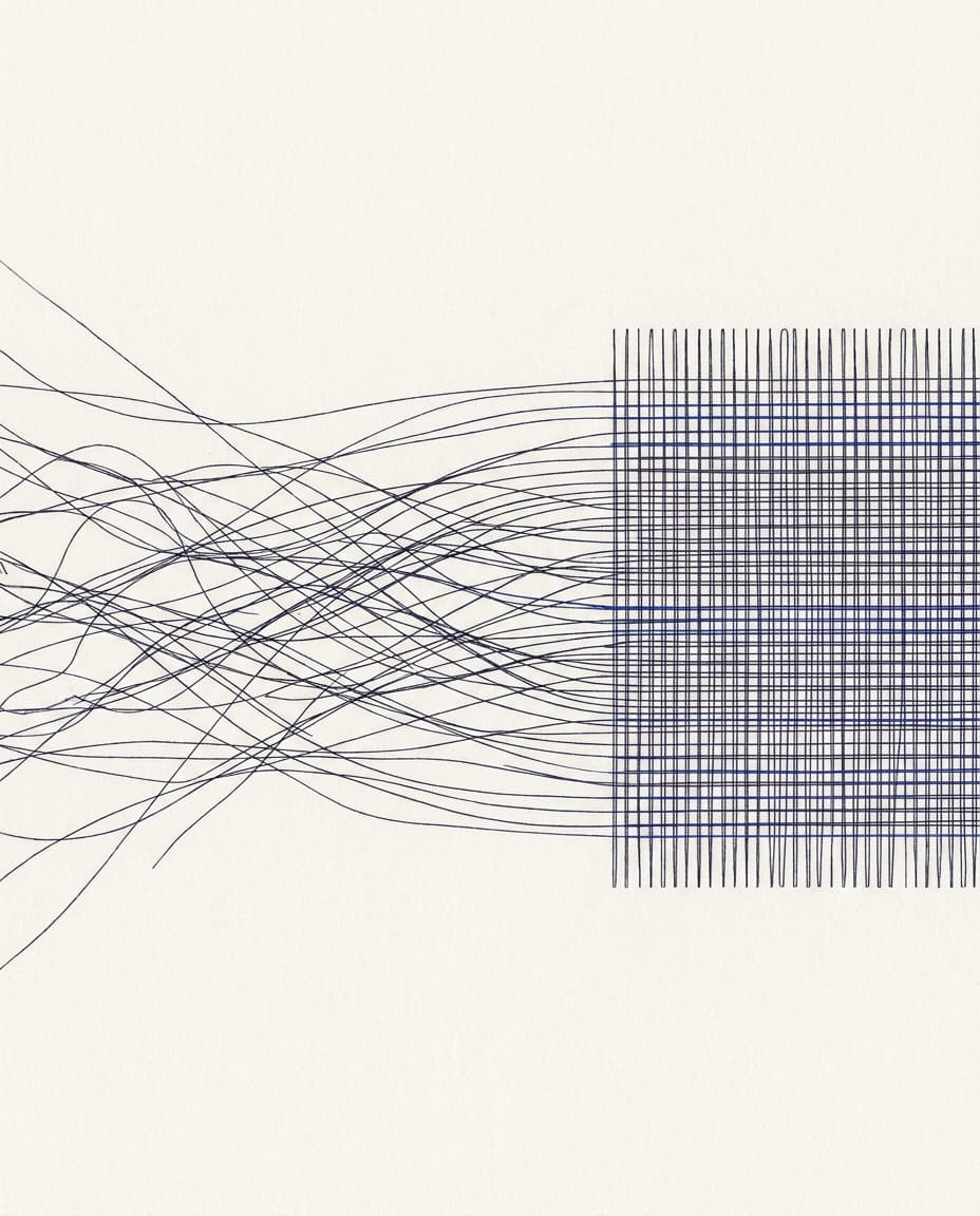 Loose ink threads weaving into an ordered fabric grid