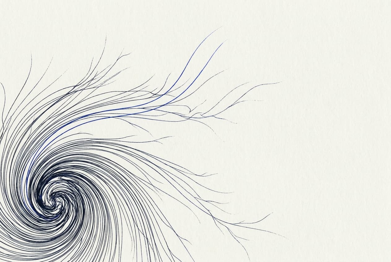 Fine ink threads spiraling outward from a dense core into open space